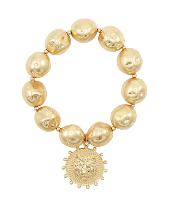Gold Beaded Bracelet with Tiger Charm