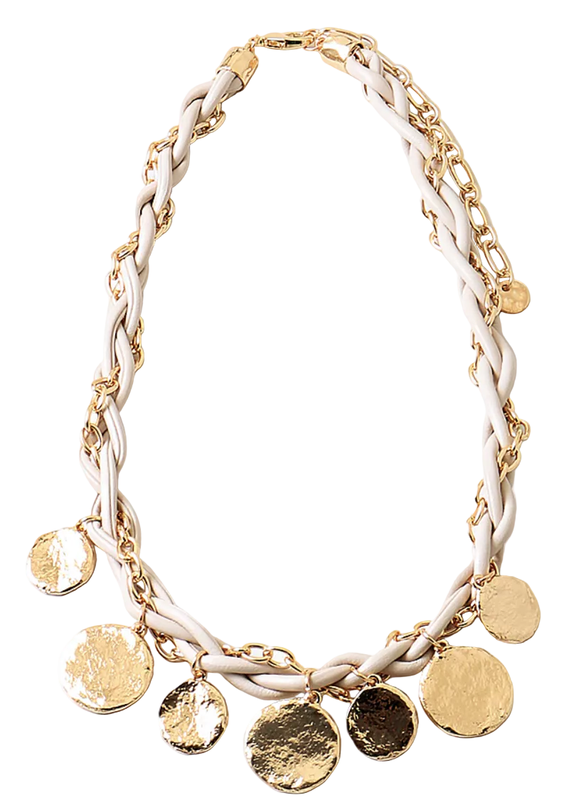 Statement Necklace - Tan with Coin Pendants