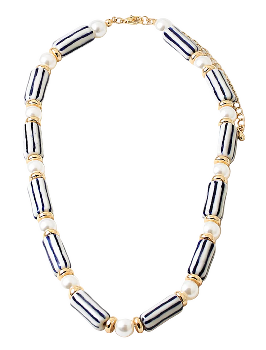 Long Bead with Pearl Bead Necklace - Blue and White Multi Stripe