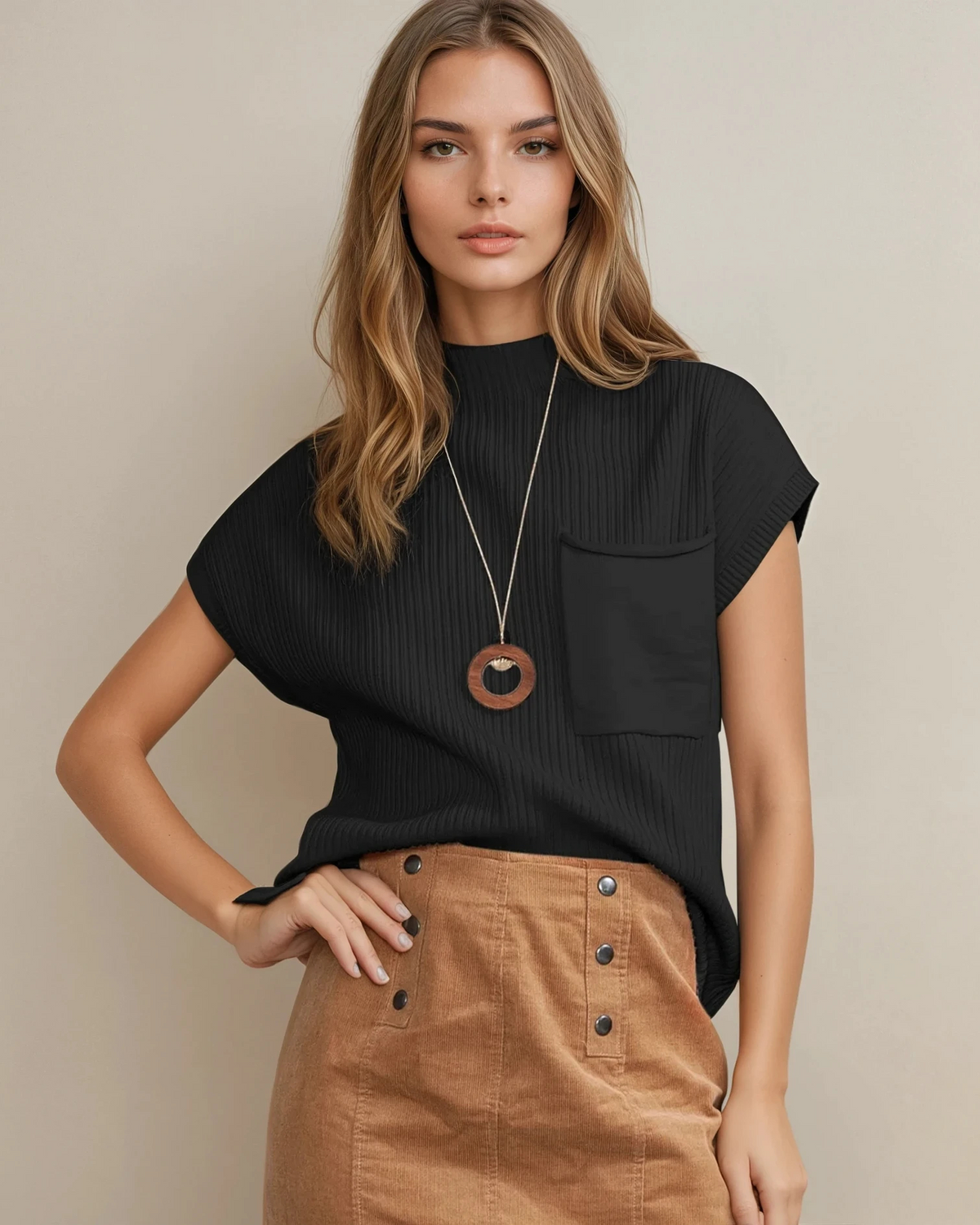 Mya Pocket Ribbed Knit Short Sleeve Sweater