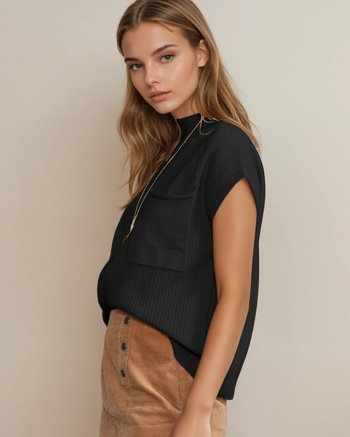 Mya Pocket Ribbed Knit Short Sleeve Sweater