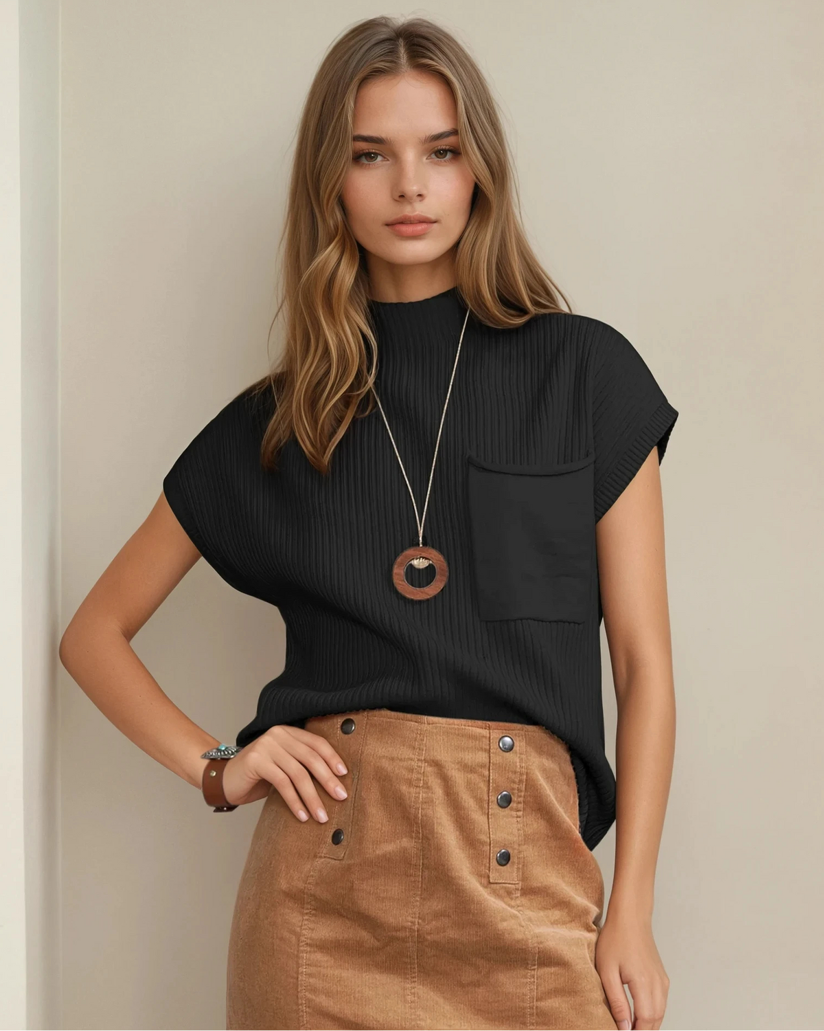 Mya Pocket Ribbed Knit Short Sleeve Sweater