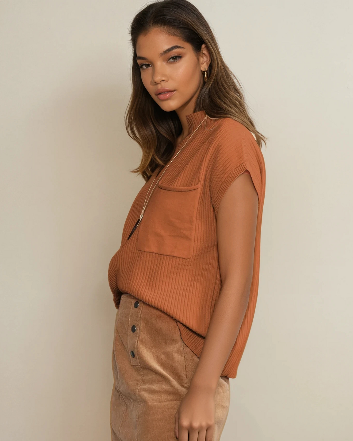 Mya Pocket Ribbed Knit Short Sleeve Sweater