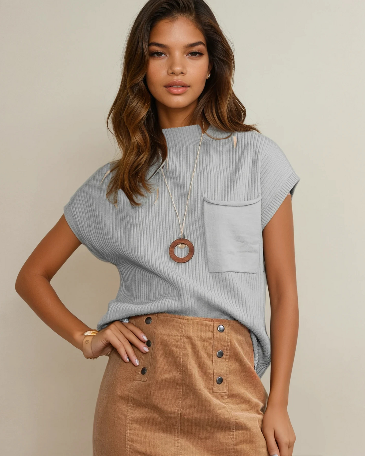 Mya Pocket Ribbed Knit Short Sleeve Sweater