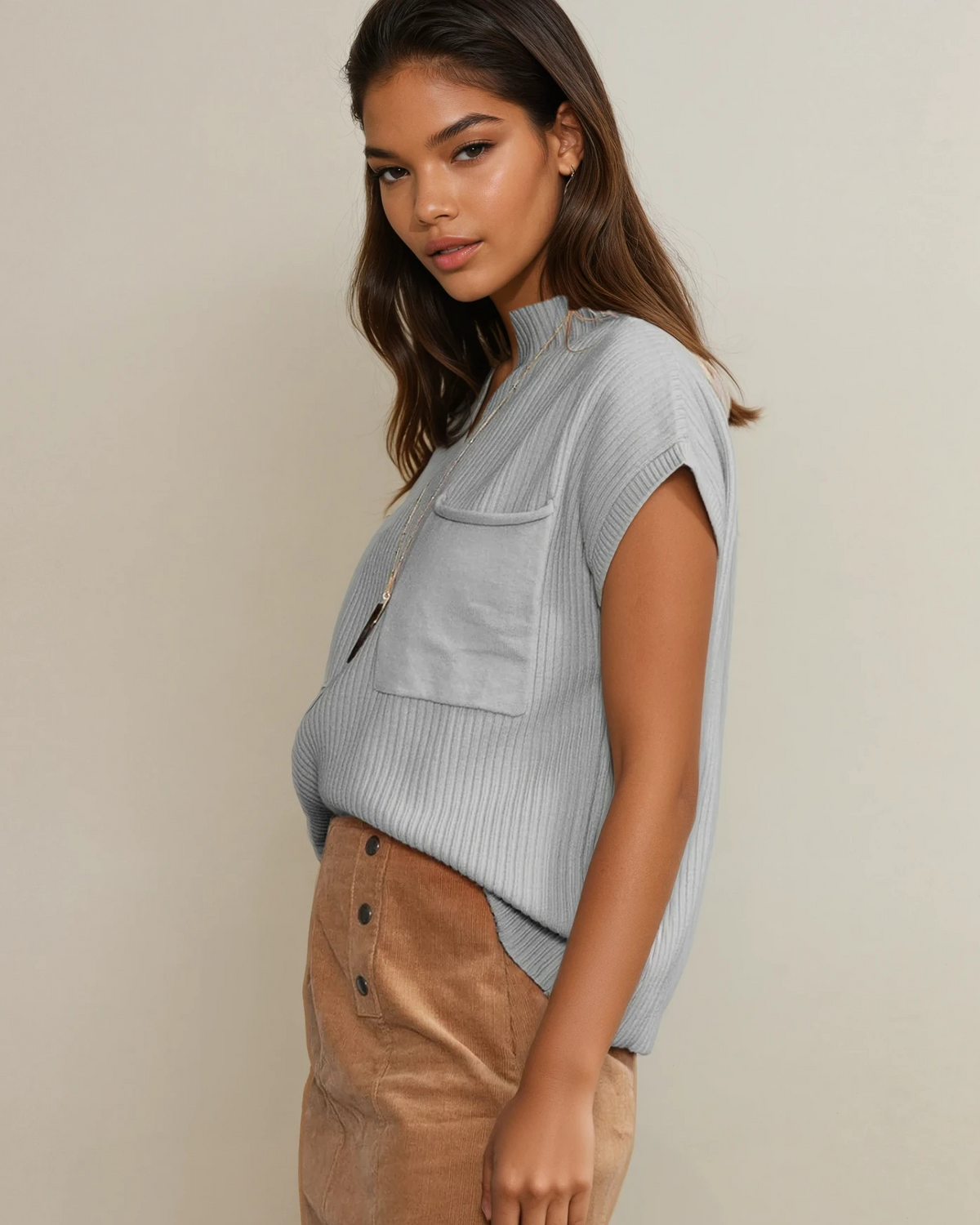 Mya Pocket Ribbed Knit Short Sleeve Sweater