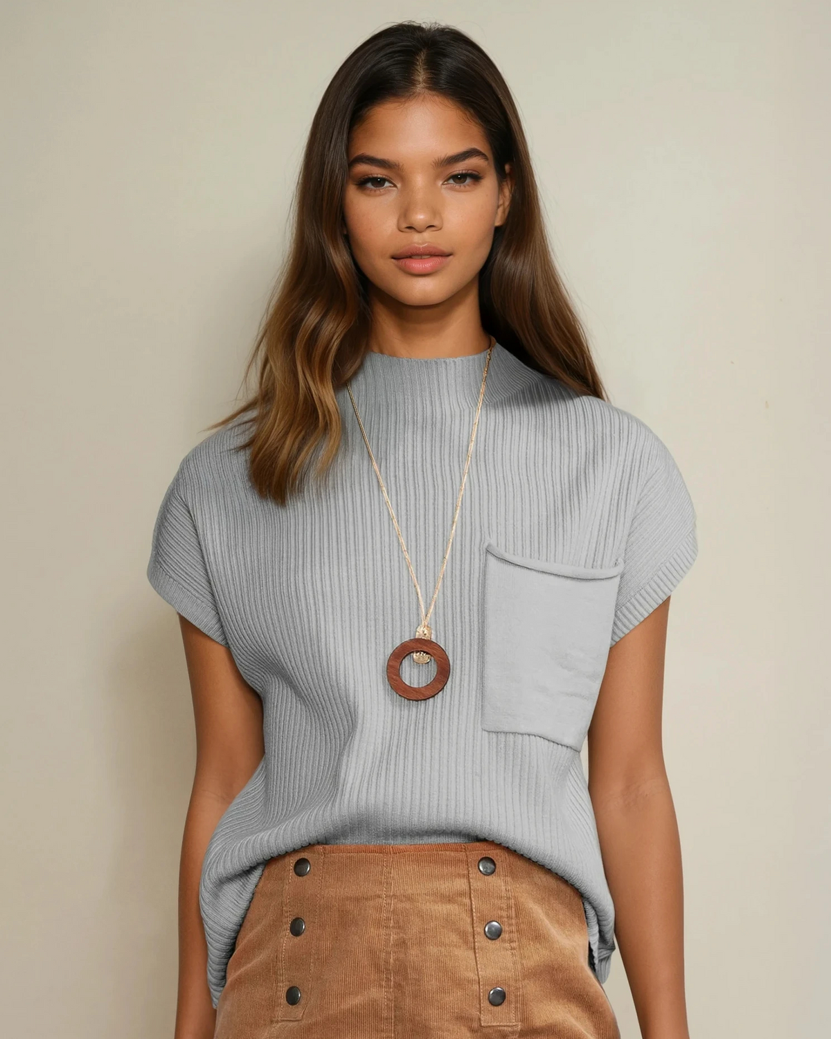 Mya Pocket Ribbed Knit Short Sleeve Sweater