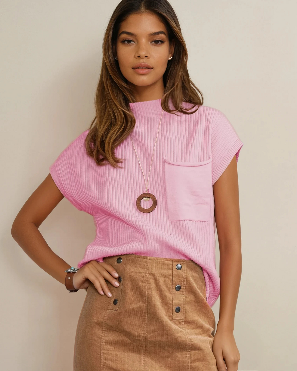Mya Pocket Ribbed Knit Short Sleeve Sweater