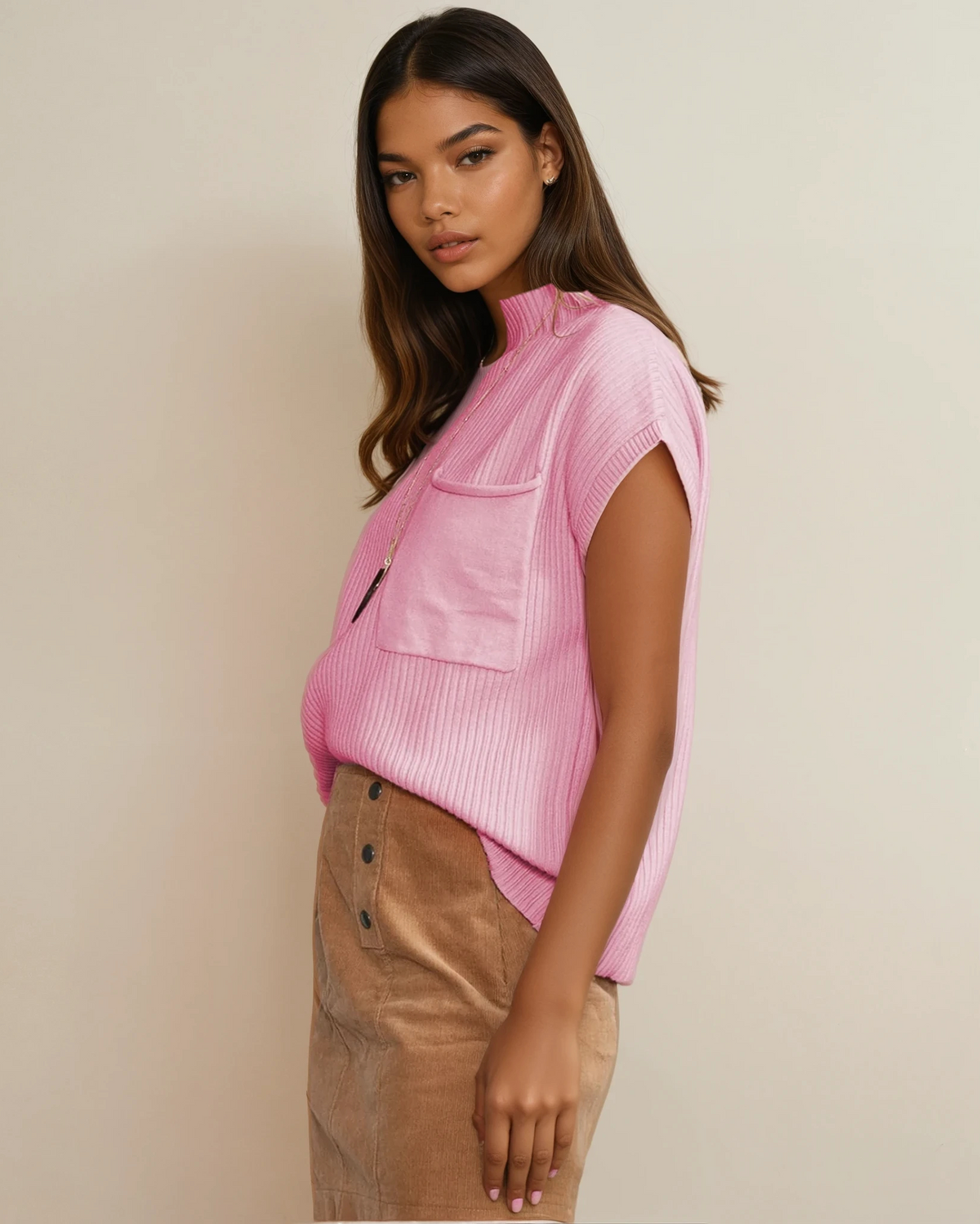 Mya Pocket Ribbed Knit Short Sleeve Sweater