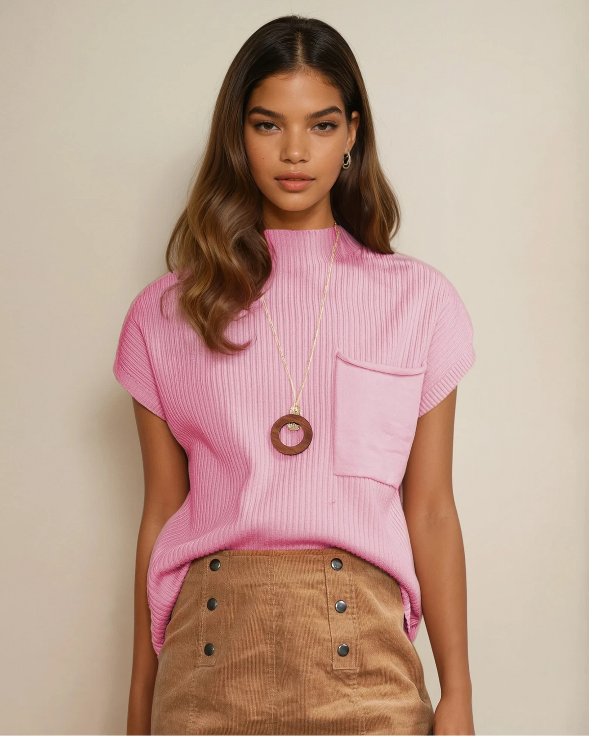 Mya Pocket Ribbed Knit Short Sleeve Sweater