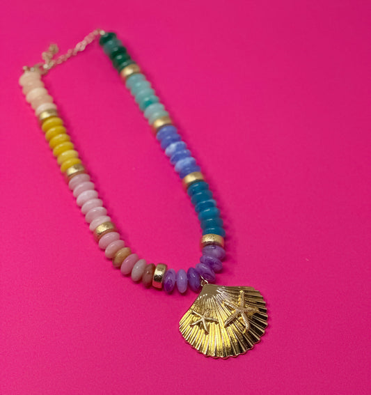 Beaded Necklace - Pastel Multi with Sea Shell