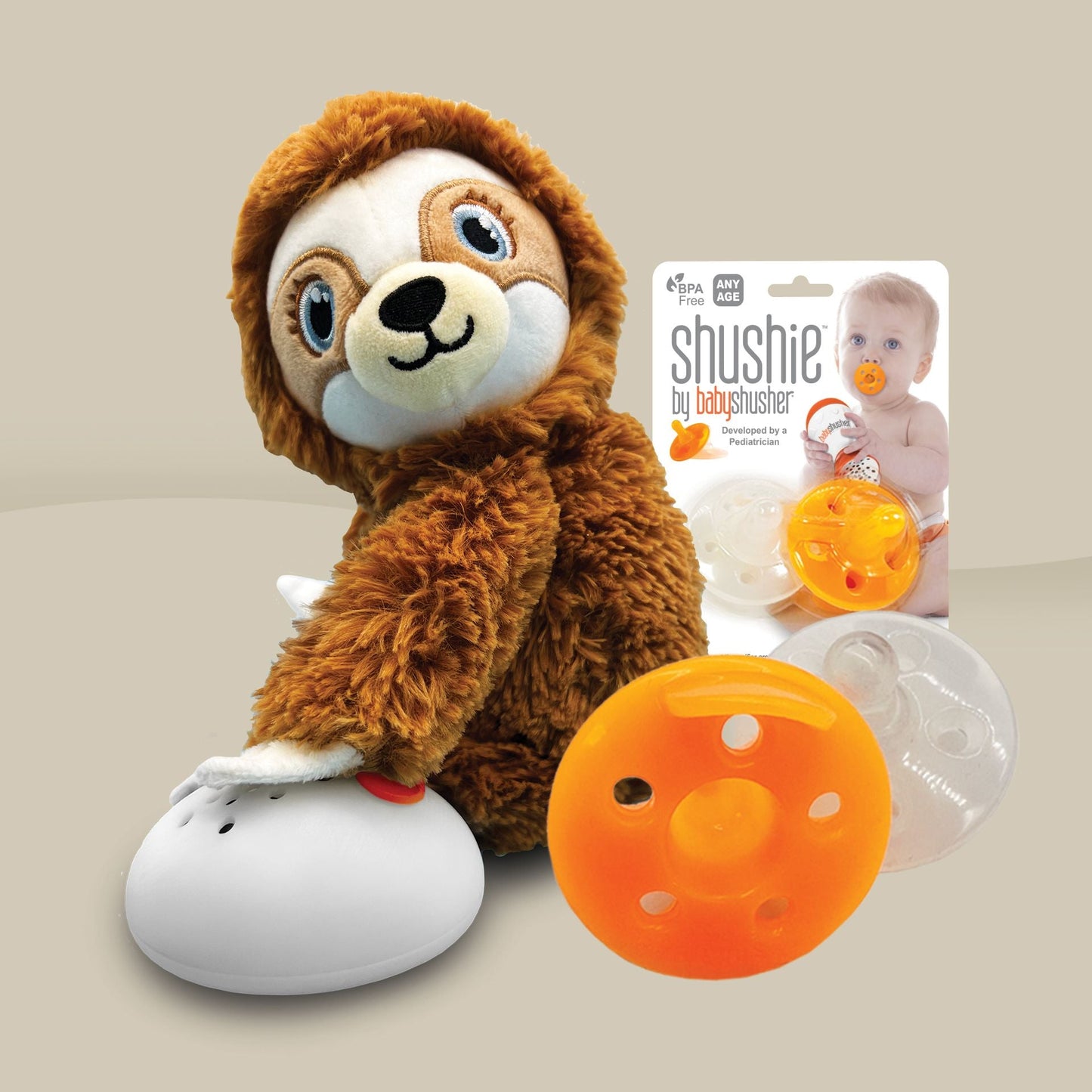 Baby Shusher Sloth Plush Sound Machine + 2 Shushie Pacifiers Bundle