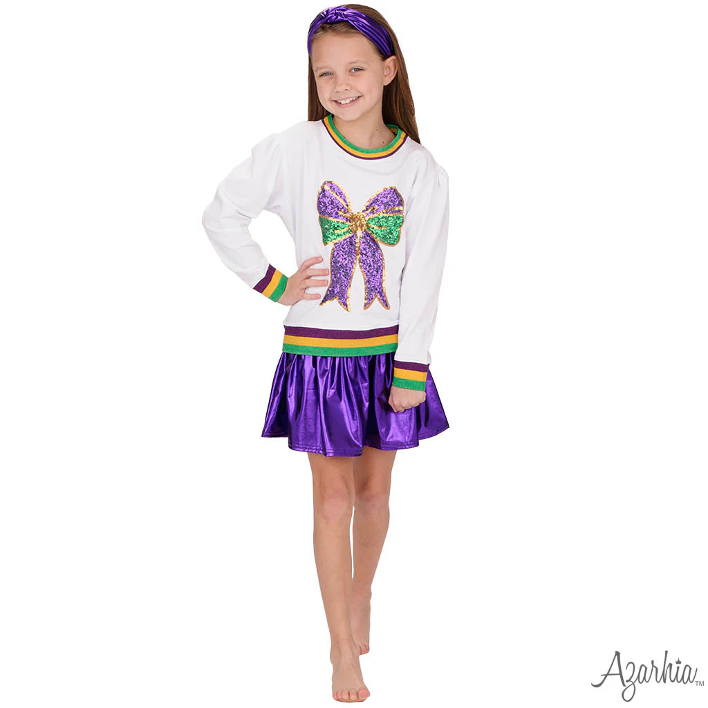 Sequin Bow white long sleeve shirt Mardi Gras