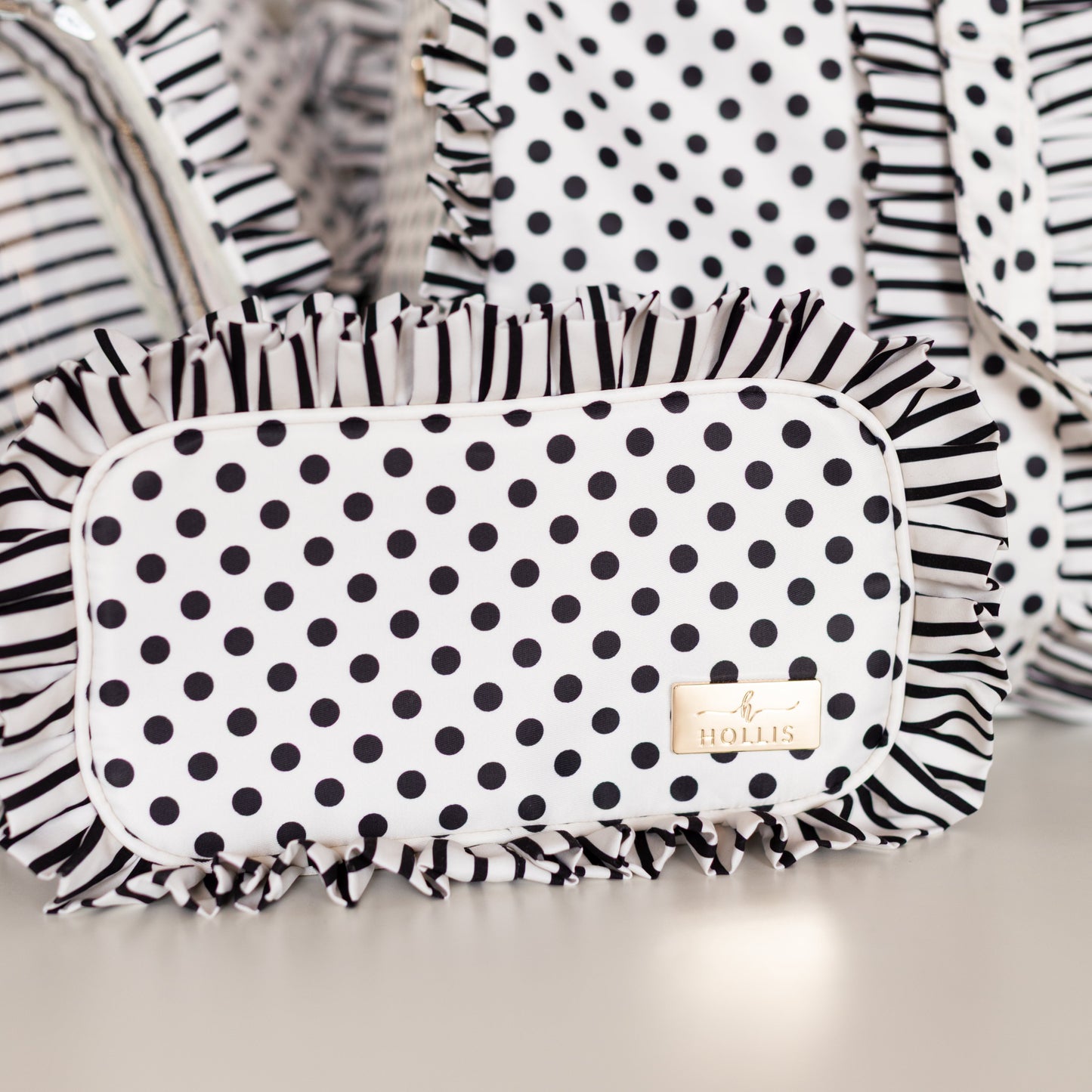 Polka Stripe Ruffled Nylon Medium Pouch
