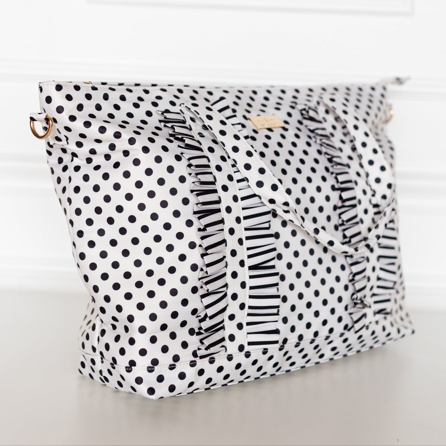 Polka Stripe Ruffled Nylon Tote Bag