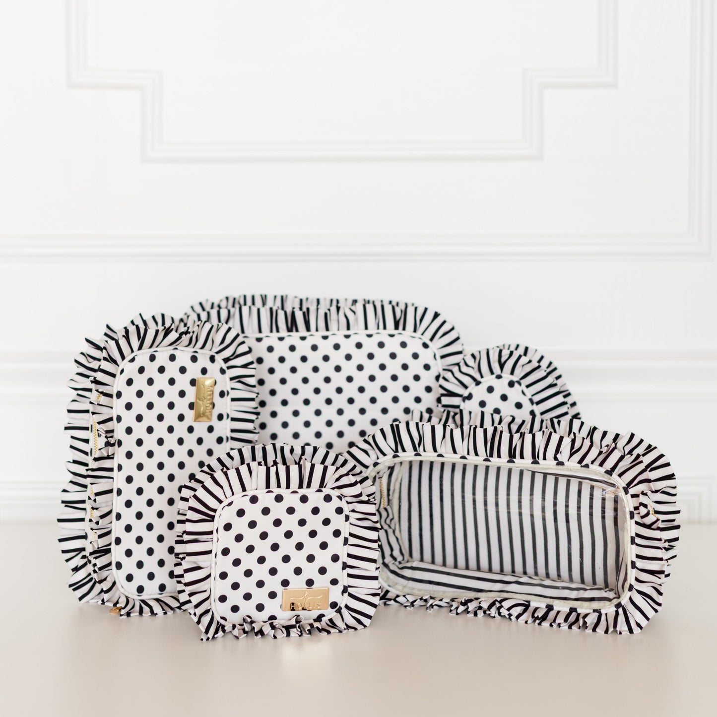 Polka Stripe Ruffled Nylon Medium Pouch