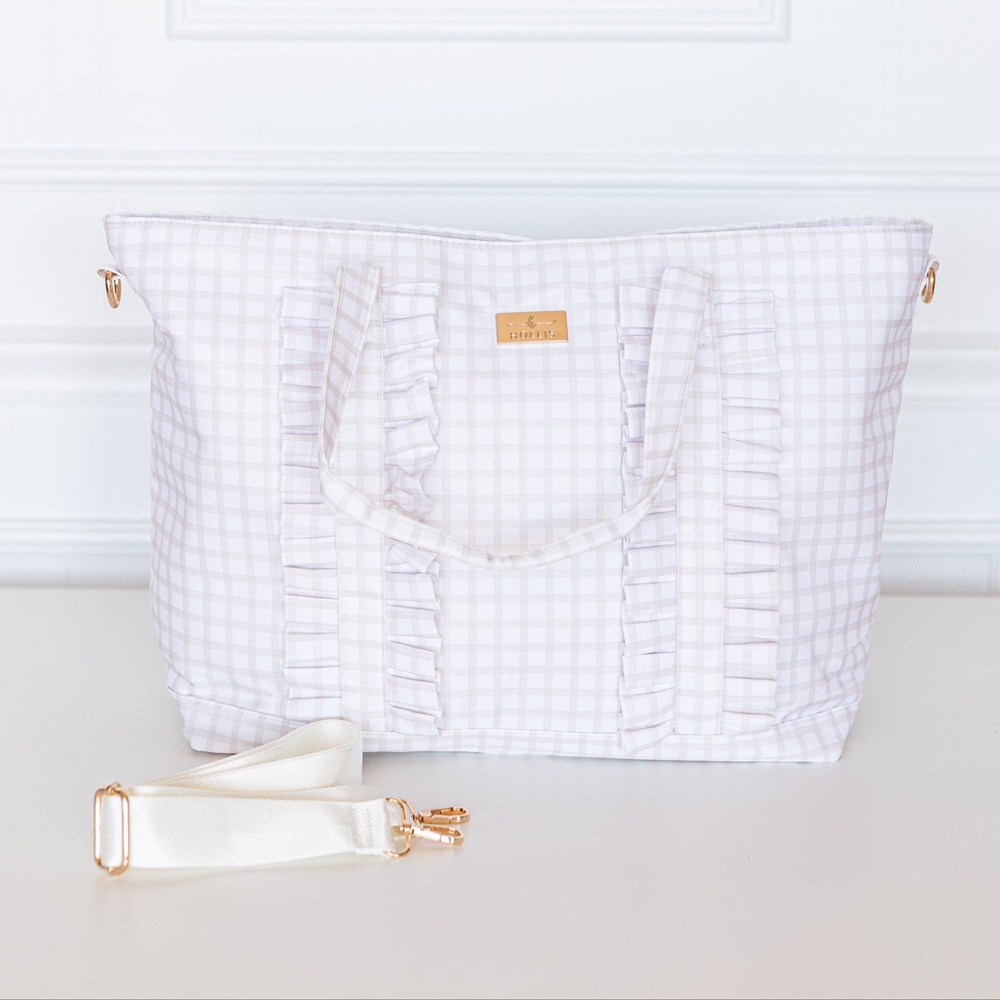 Nude Plaid Ruffled Nylon Tote Bag