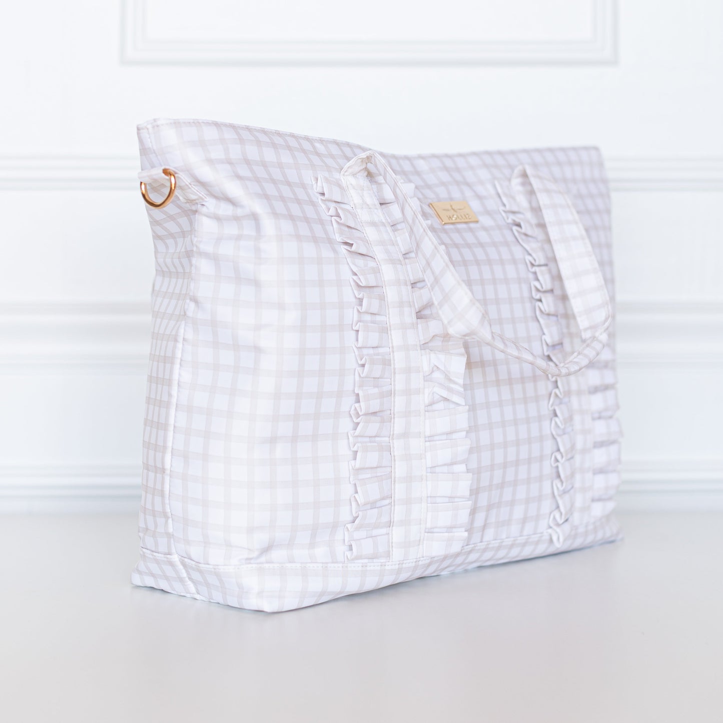 Nude Plaid Ruffled Nylon Tote Bag