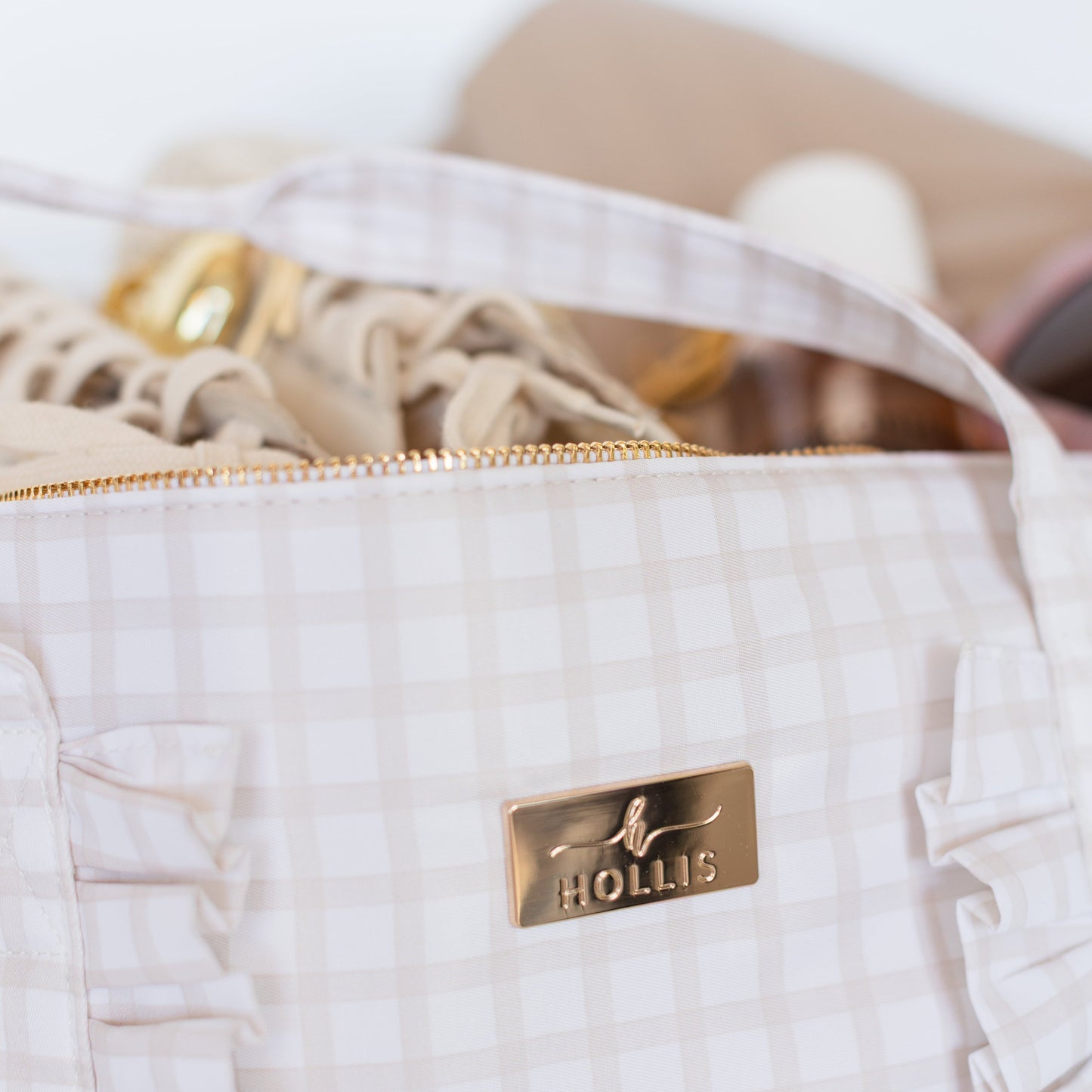 Nude Plaid Ruffled Nylon Tote Bag