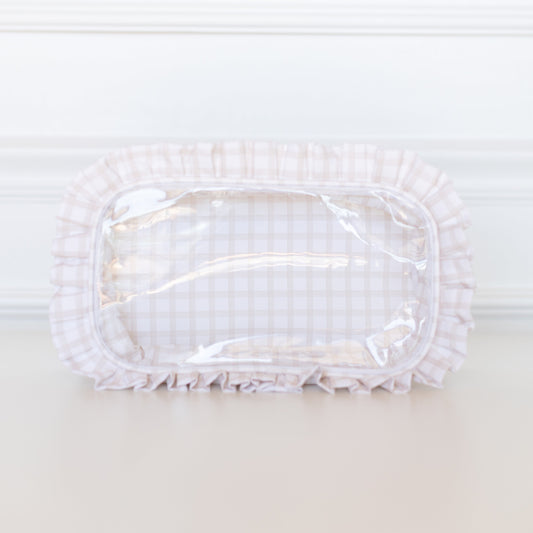Nude Plaid Ruffled Nylon Large Clear Pouch