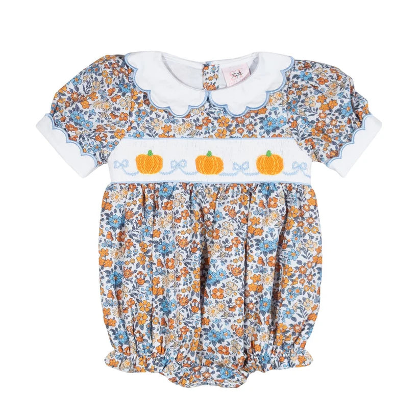 Girls Floral Hand-Smocked Pumpkin Bubble | Fall Outfit