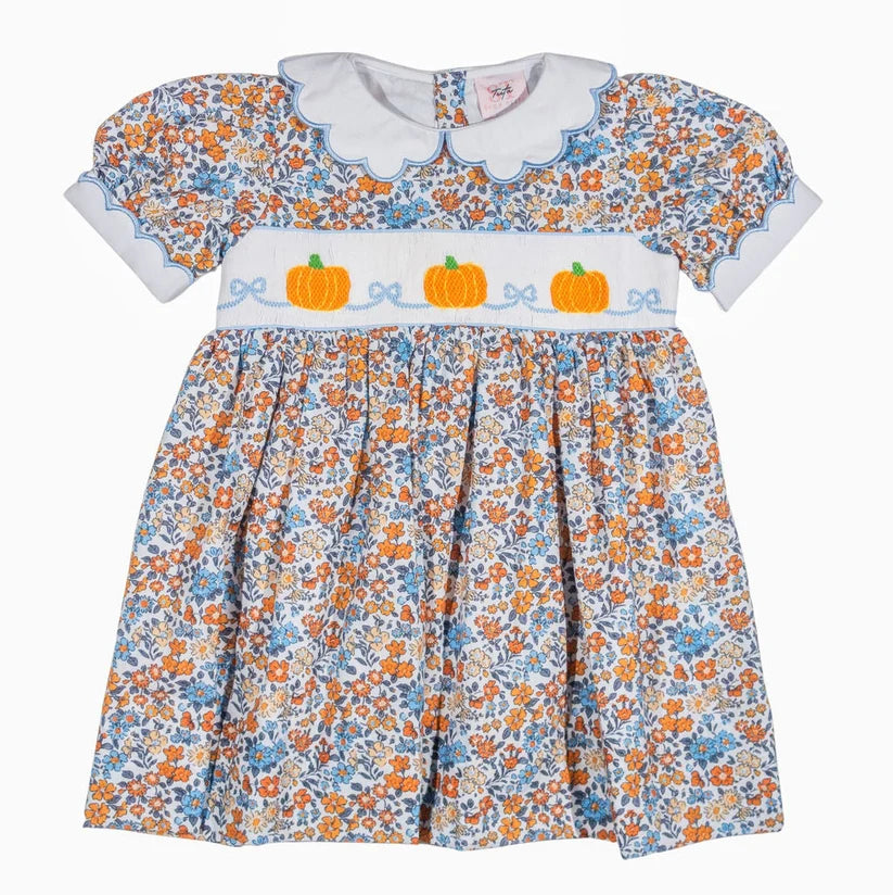 Girls Floral Hand-Smocked Pumpkin Dress | Fall & Thanksgiving