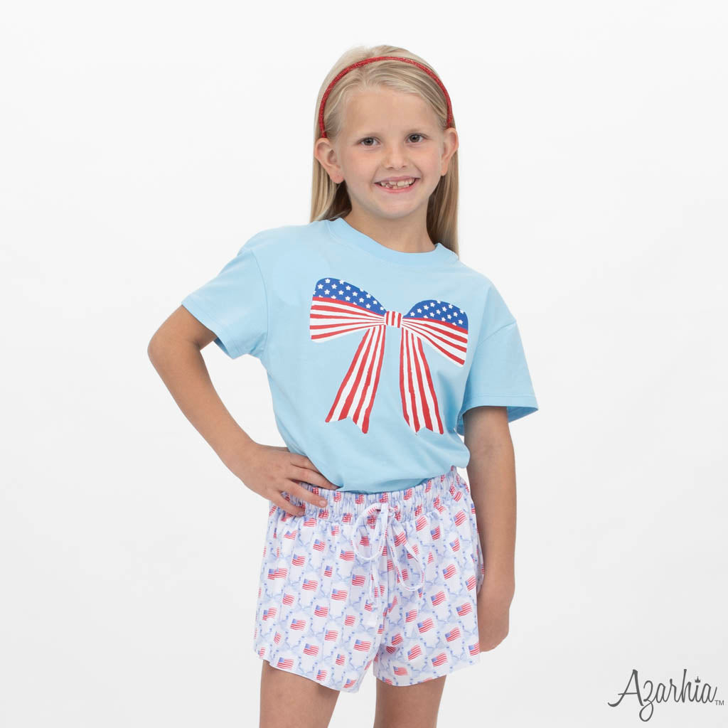 America Bow Screen Print on Light Blue Boxy T