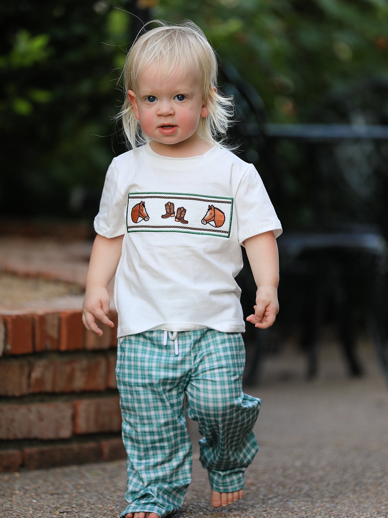 Western Plaid Horse Embroidery Boy Pants Set