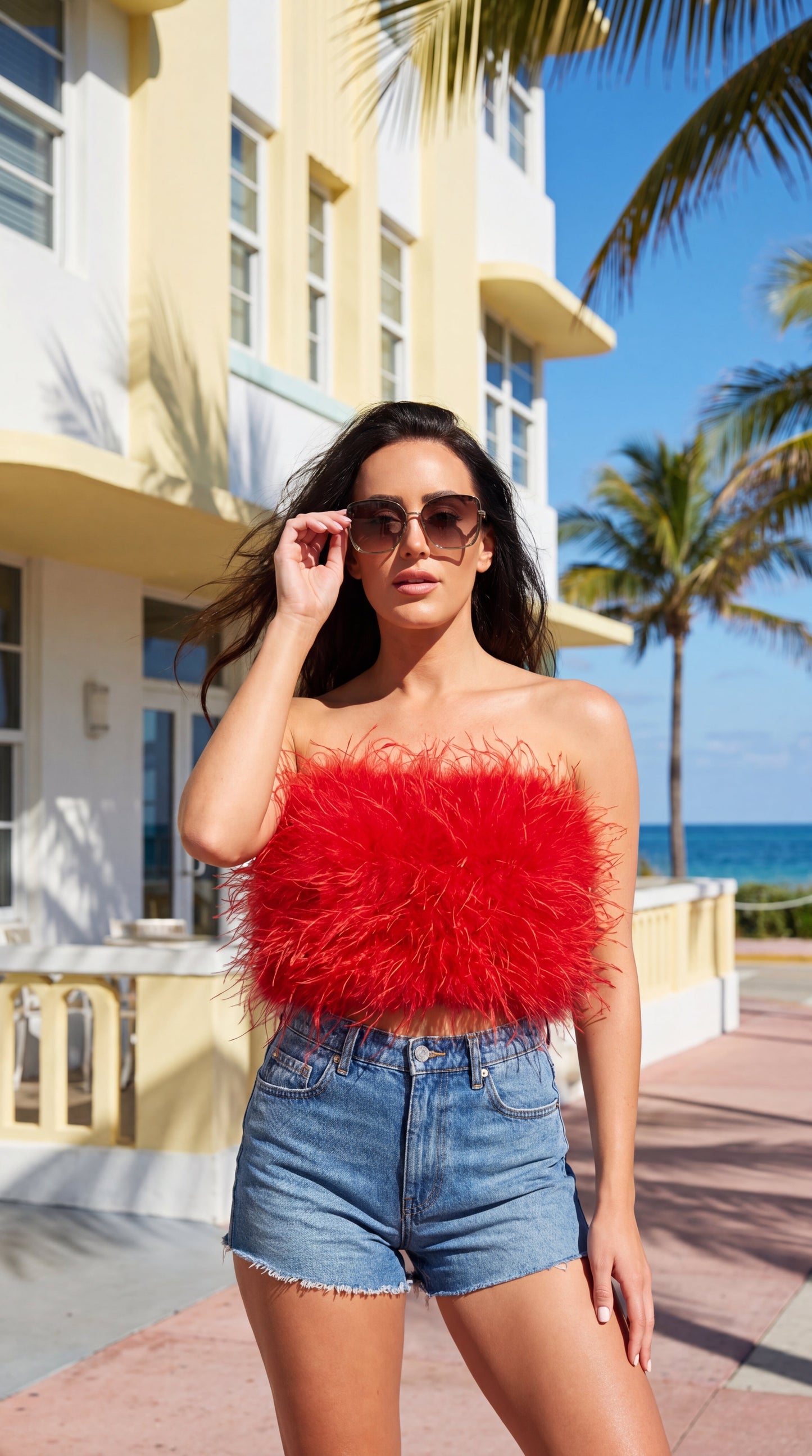 Fancy Strapless Feather Crop Top - Crimson