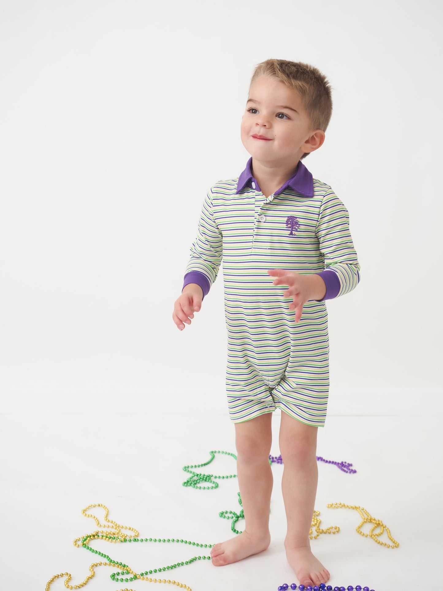 Throw Me Something Mister! Mardi Gras Striped Boys Polo Romper