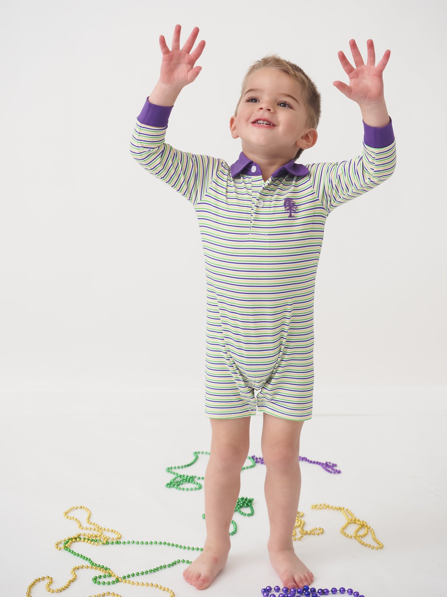 Throw Me Something Mister! Mardi Gras Striped Boys Polo Romper
