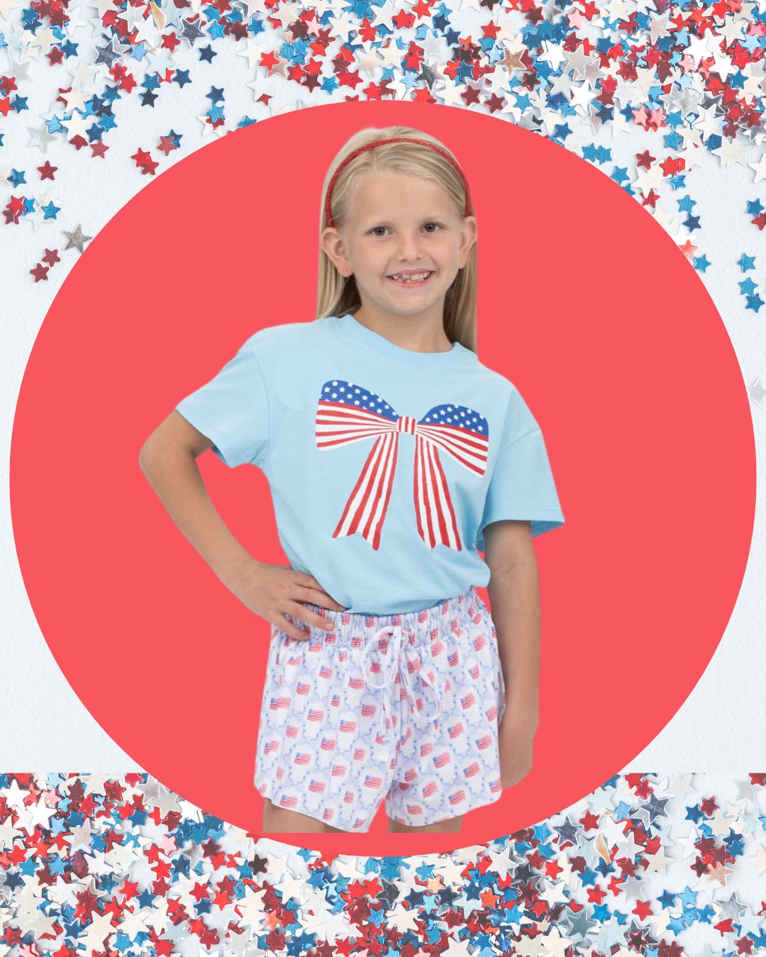 America Bow Screen Print on Light Blue Boxy T