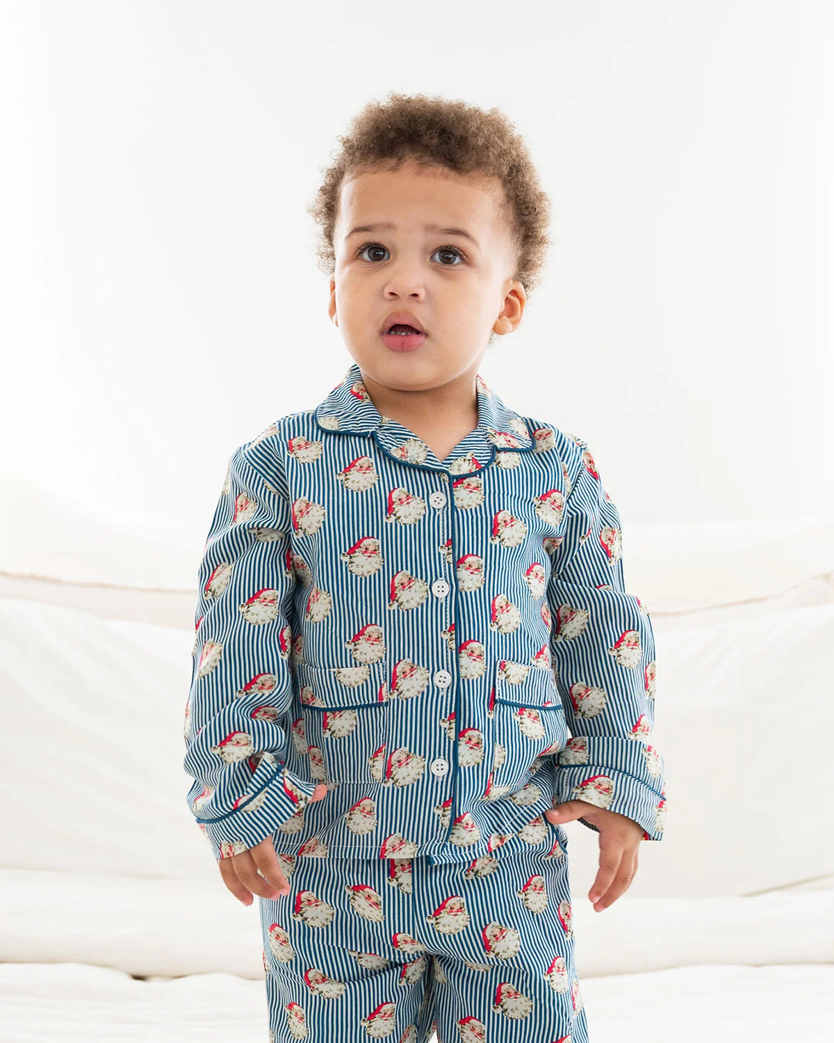 Smockingbird Navy Blue Striped Vintage Santa Christmas Pajama Set for Kids