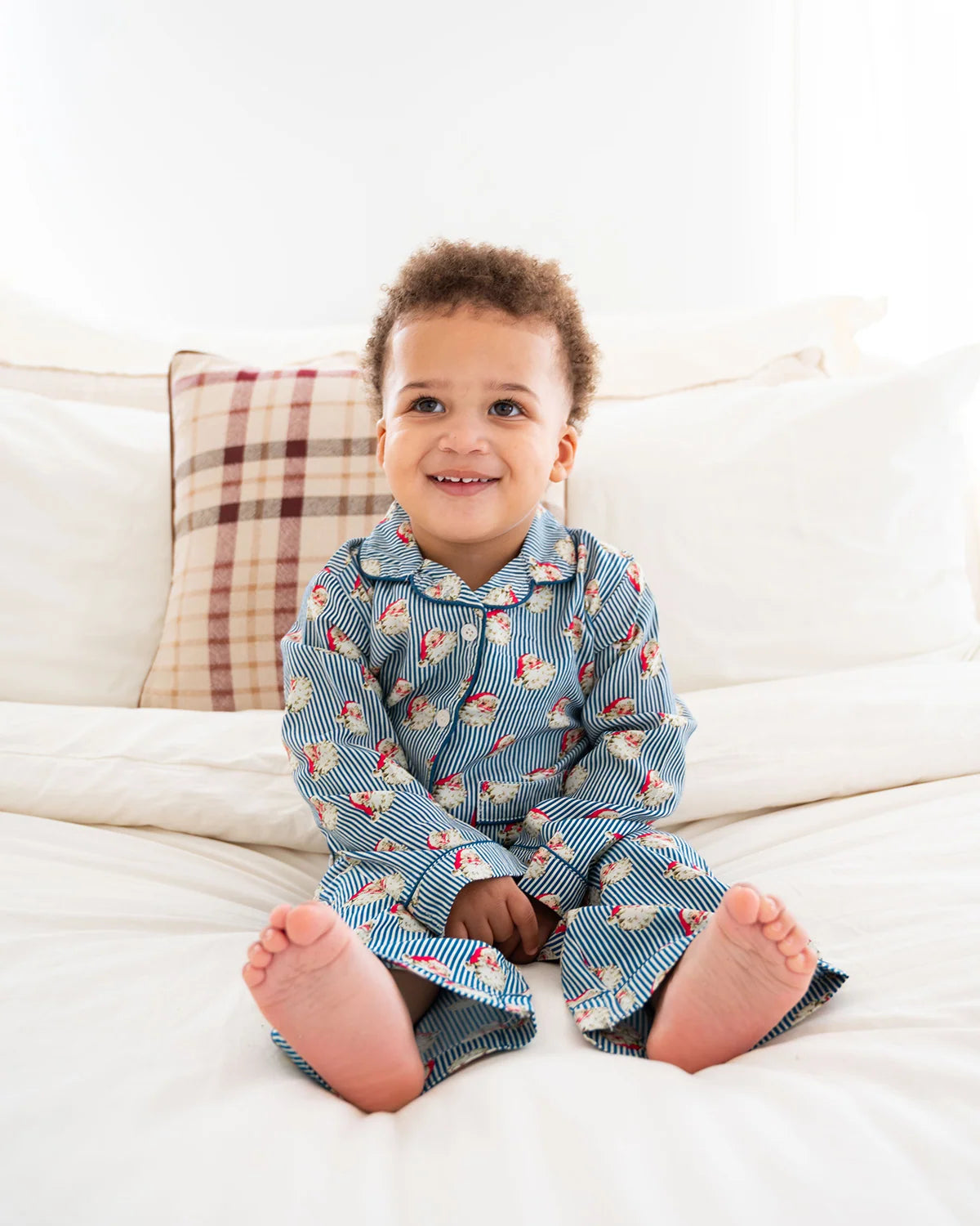 Smockingbird Navy Blue Striped Vintage Santa Christmas Pajama Set for Kids