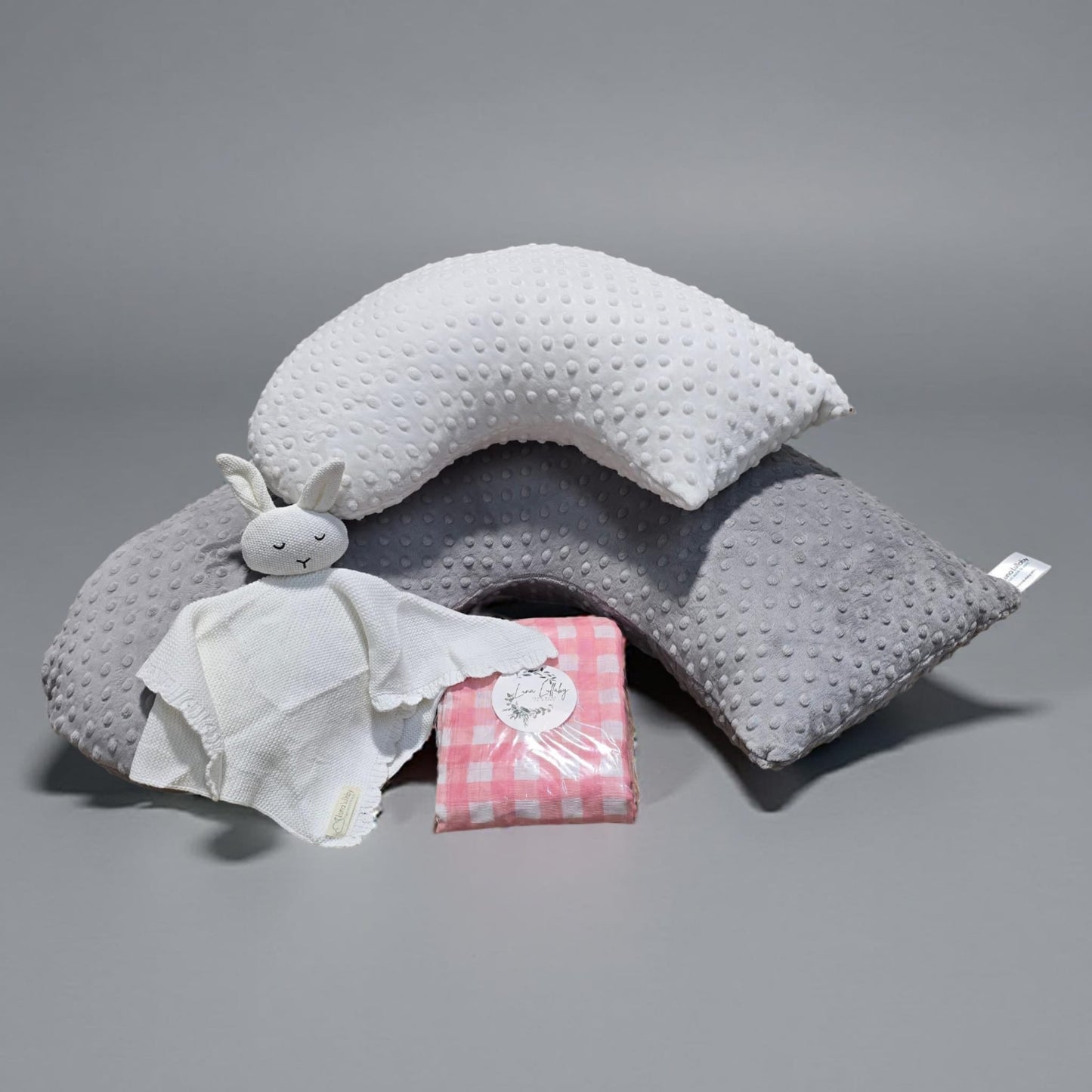 Baby Essentials Gift Set #2 - Large Bundle (Grey Dot) | Award-Winning Nursing Pillow, Swaddle & More | Luna Lullaby