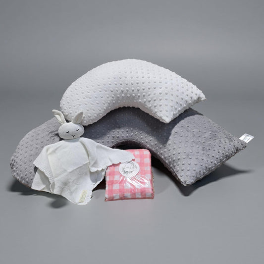 Baby Essentials Gift Set #2 - Large Bundle (Grey Dot) | Award-Winning Nursing Pillow, Swaddle & More | Luna Lullaby