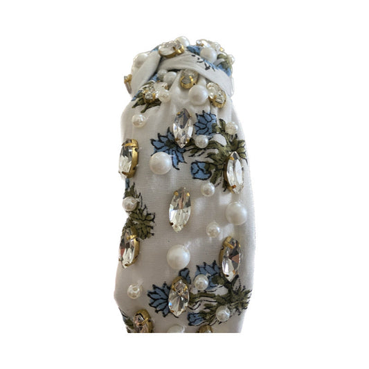 Floral Print Headband - Clear Rhinestone with Blue Flowers