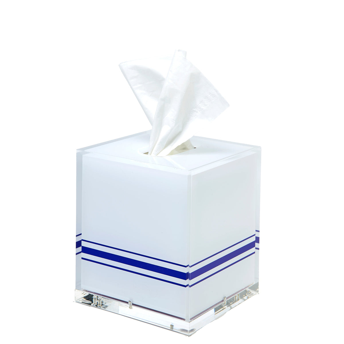 White Acrylic Tissue Box With Navy Blue Piping