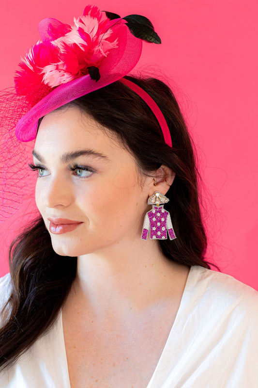 Derby Jersey Silk Earrings -  White with Purple Dots
