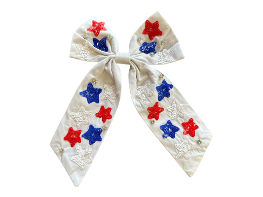 Sequin Bow - White with Red, White and Blue Stars