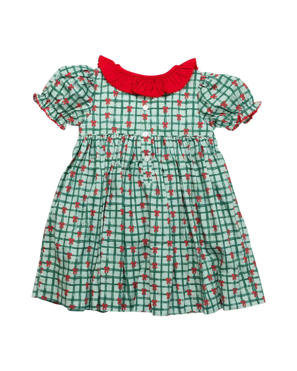 Girls Christmas Ribbons Smocked Dress – Green Plaid & Red Bows