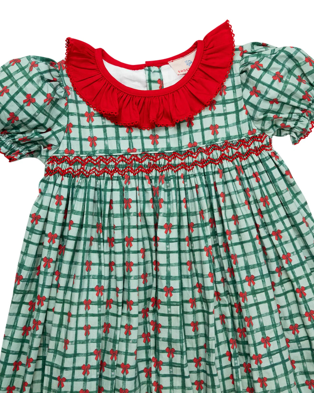 Girls Christmas Ribbons Smocked Dress – Green Plaid & Red Bows