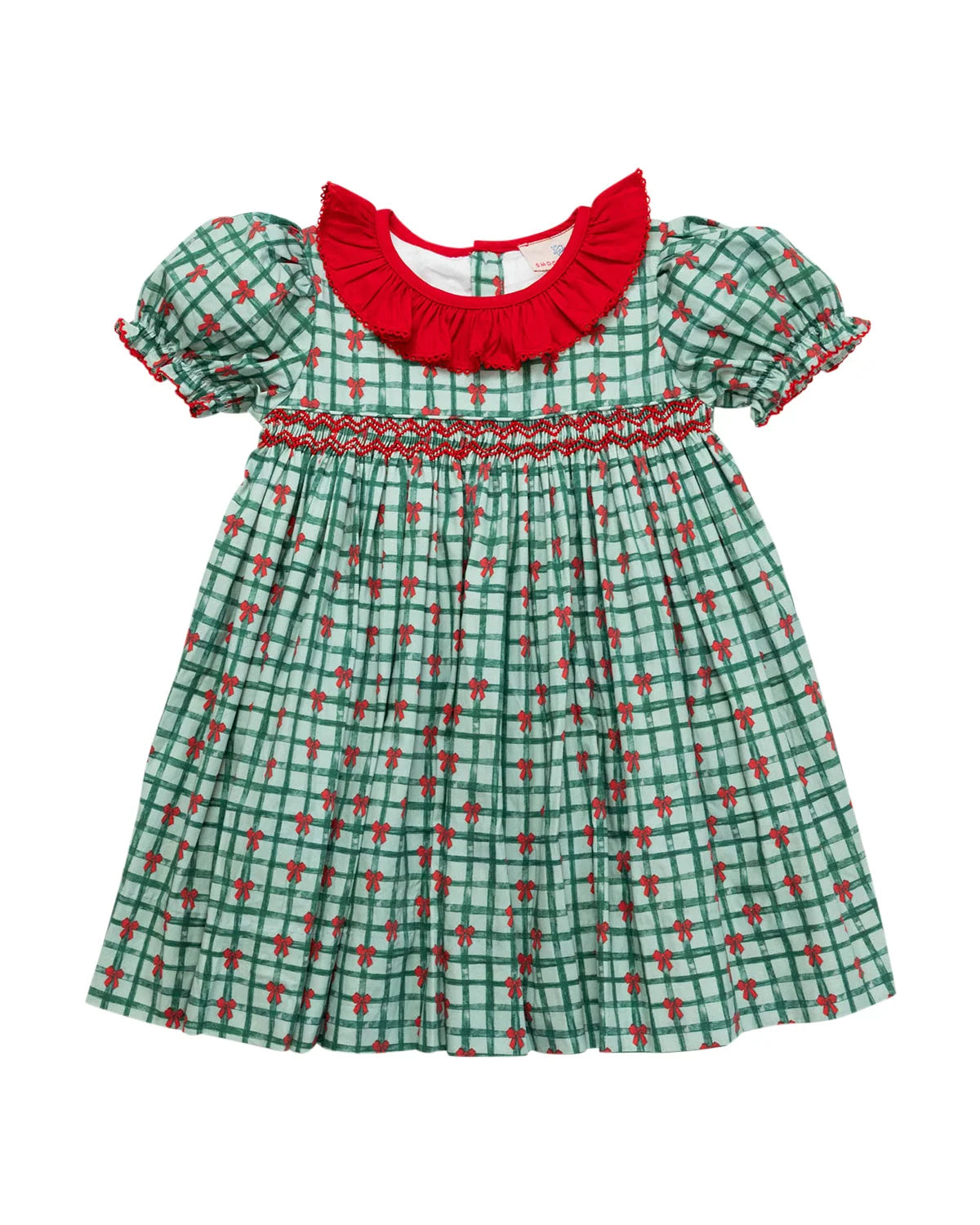 Girls Christmas Ribbons Smocked Dress – Green Plaid & Red Bows