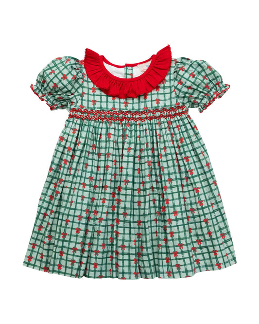 Girls Christmas Ribbons Smocked Dress – Green Plaid & Red Bows
