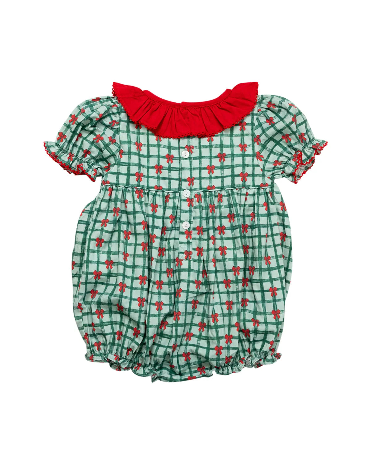 Girls Christmas Ribbons Smocked Bubble Romper – Green Plaid & Red Bows