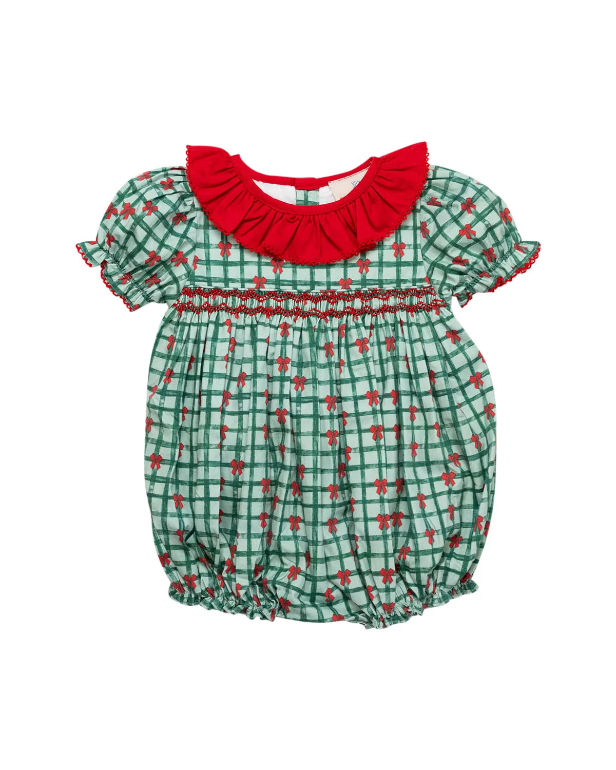 Girls Christmas Ribbons Smocked Bubble Romper – Green Plaid & Red Bows