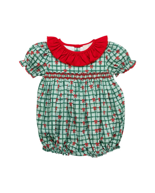 Girls Christmas Ribbons Smocked Bubble Romper – Green Plaid & Red Bows