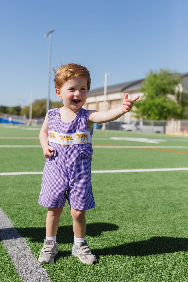 Boys Purple Tiger Smocked Jon Jon – LSU-Inspired Baby & Toddler Game Day Jon Jon | The Prissy Pelican Boutique Bossier City, LA