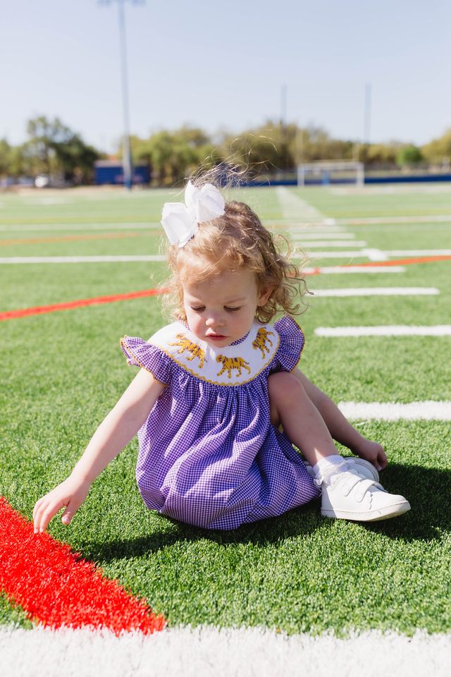 Girls Purple Tiger Smocked Dress – LSU-Inspired Gingham Tiger Bishop Dress | The Prissy Pelican Boutique Bossier City, LA