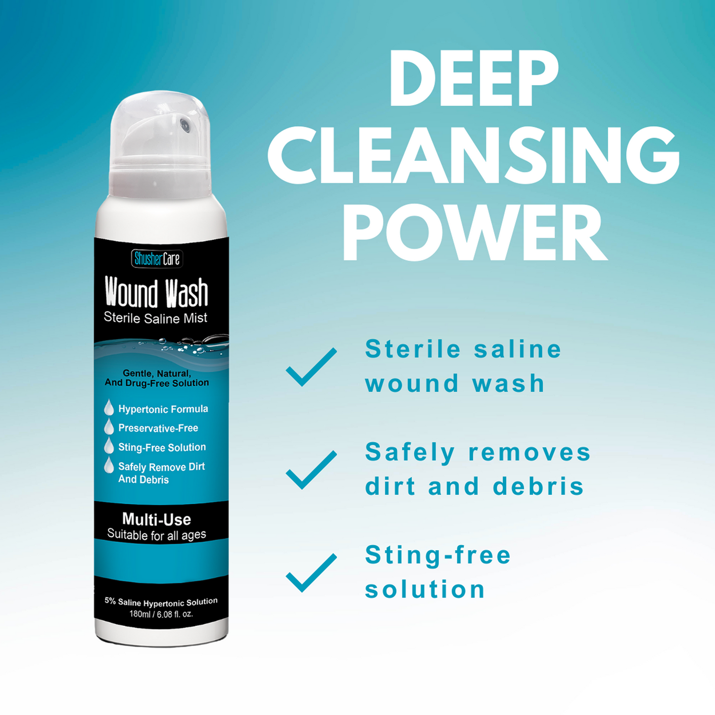 Shusher Care Wound Wash Spray – Sterile 5% Hypertonic Saline for Cuts, Scrapes & Wound Irrigation