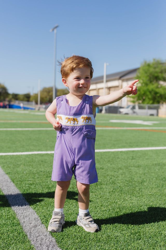 Boys Purple Tiger Smocked Jon Jon – LSU-Inspired Baby & Toddler Game Day Jon Jon | The Prissy Pelican Boutique Bossier City, LA